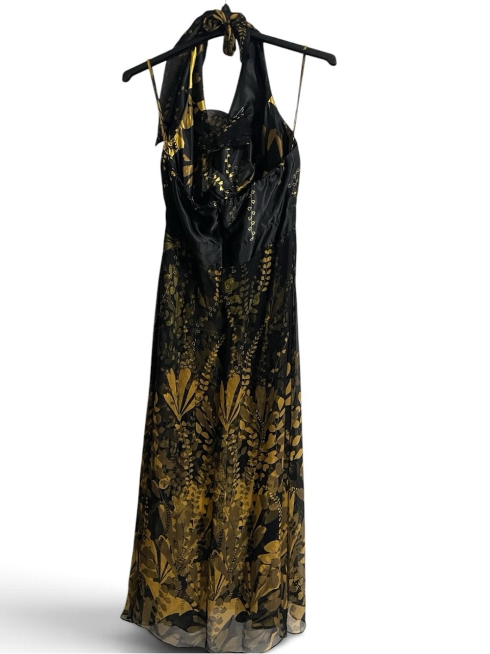 Signature by Robbie Bee black and gold floral silk halter maxi dress. - Picture 2 of 4